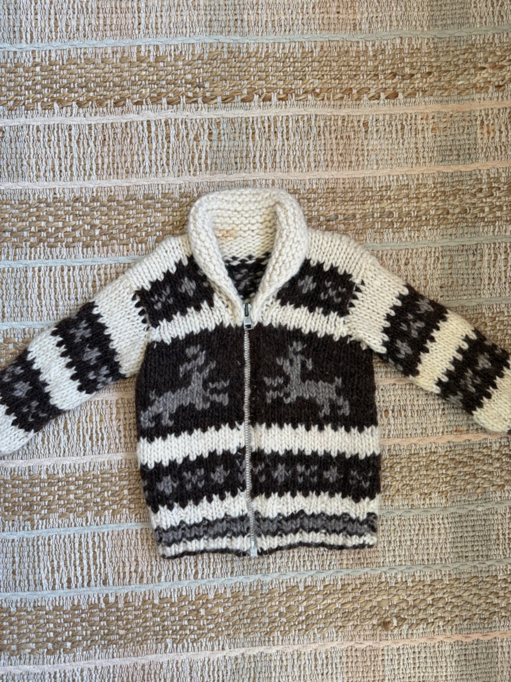 Vintage Kids Hand Knit Zip Cardigan Sweater - Cream & Dark Brown Cowichan